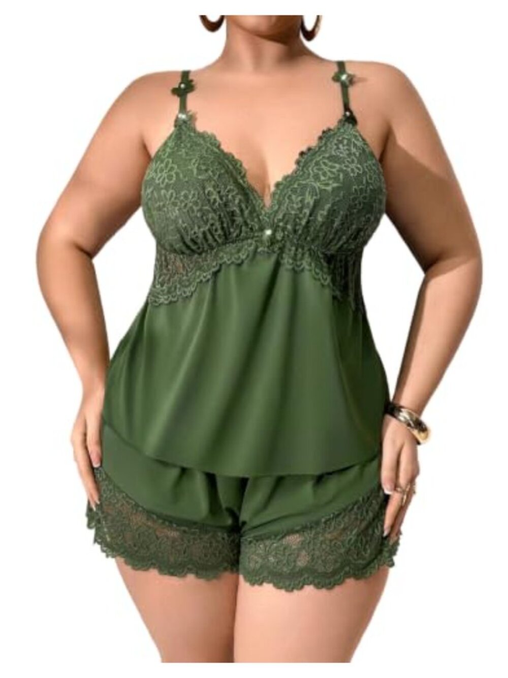 Plus Size Pajama Set Lace Trim Pearl V-Neck Camisole Shorts 2 Piece